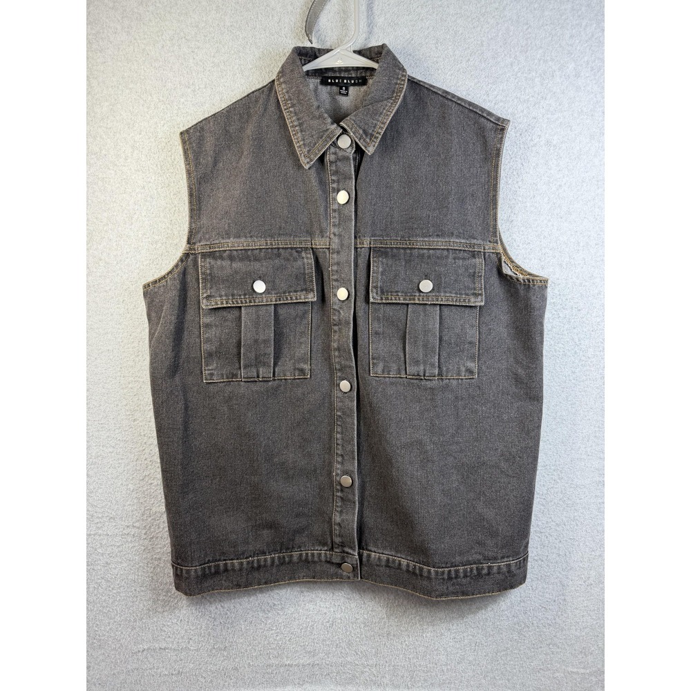 Blue Blush Denim Vest Womens Small Gray Button Front Utility Pockets Casual